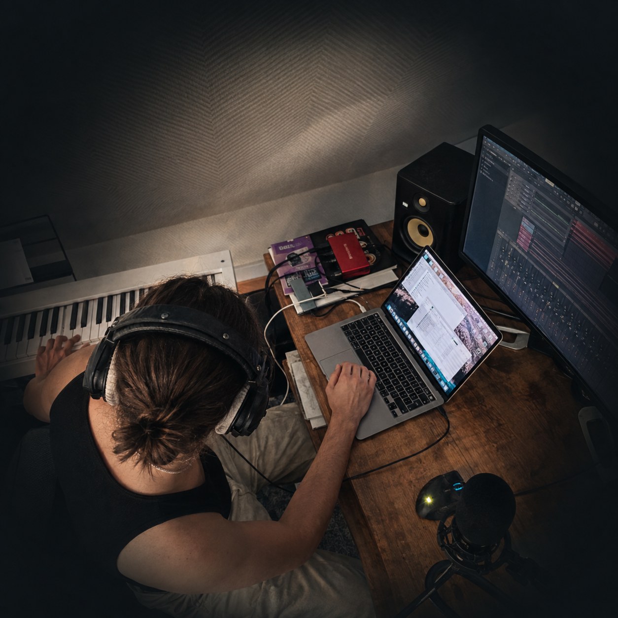 The musician behind Slumbering Shaman working at his desk, seen from above, surrounded by a keyboard, laptop, monitor and microphone