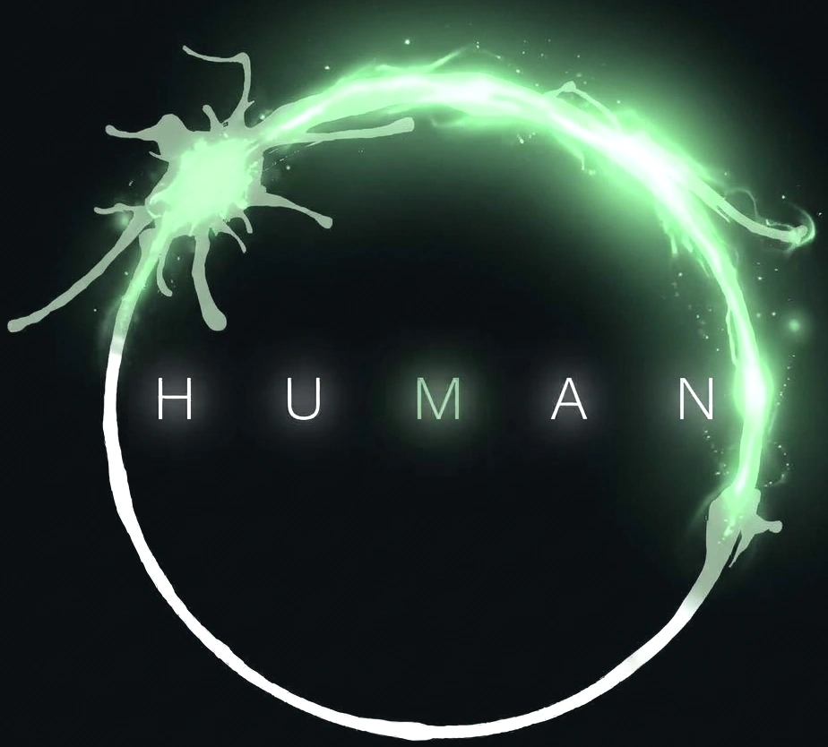 A circular ink emblem drawn like a halo, with the word HUMAN glowing at its center, the letter M tinted pale green