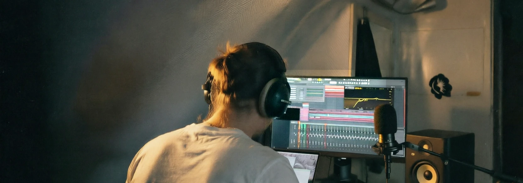 The musician behind Slumbering Shaman working at his desk in the studio, seen from behind, wearing headphones